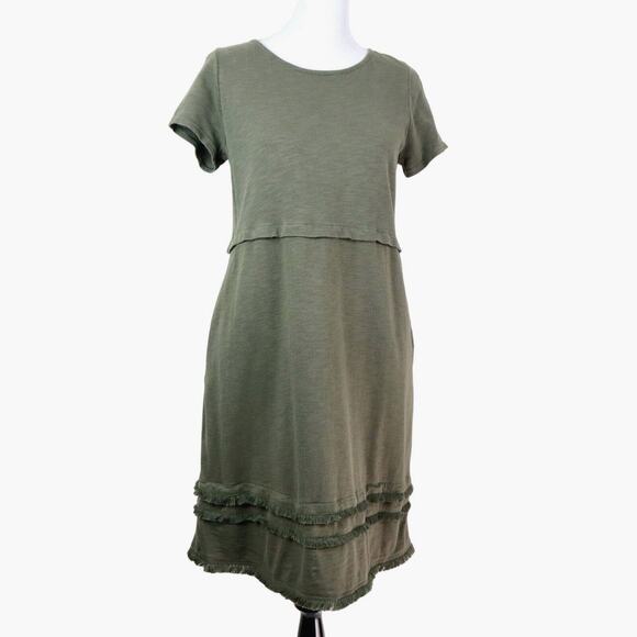 J Jill Size S Cotton Modal Slub Knit T-Shirt Dress Fringe Olive Green - Picture 3 of 11